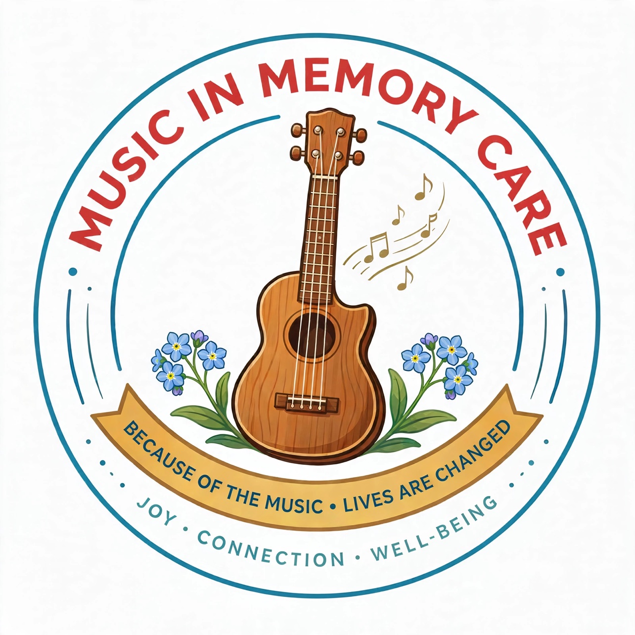 Music in Memory Care logo badge with ukulele and forget-me-nots