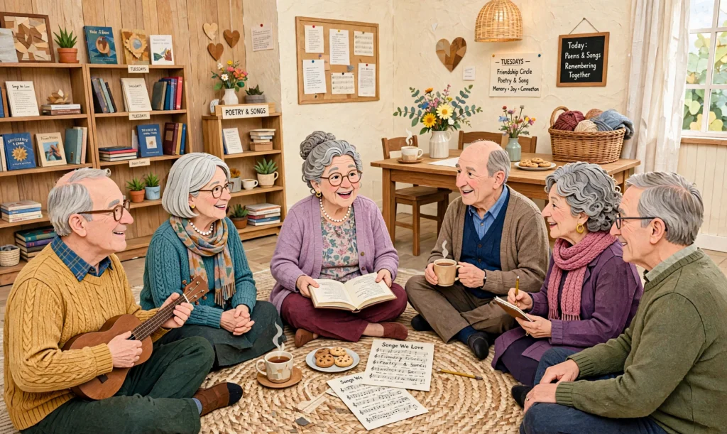 Illustration of seniors gathered in a friendship circle sharing poetry and song