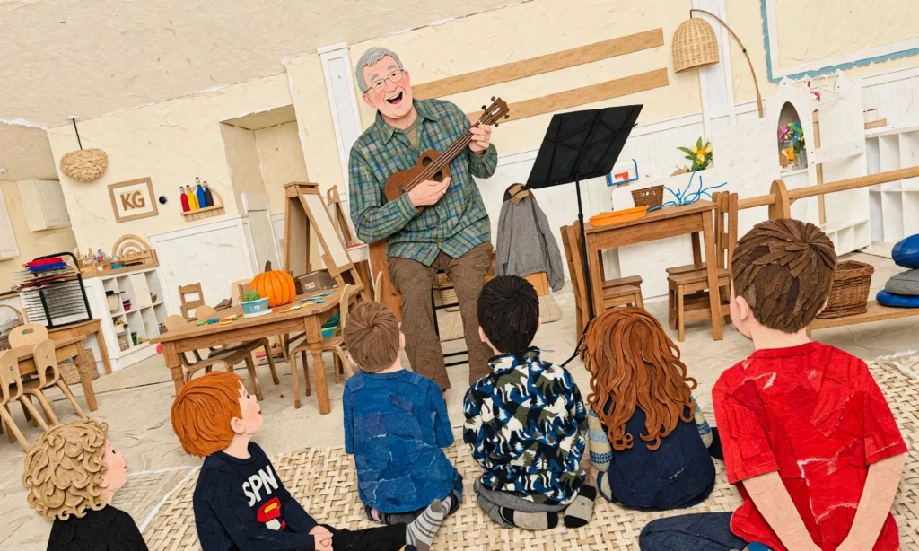 Illustration of Pastor Jerry O'Neill playing ukulele for preschool children